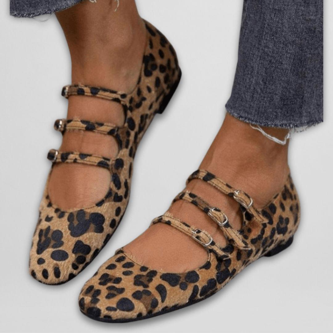 Triple-Strap Animal-Print Ballerinas