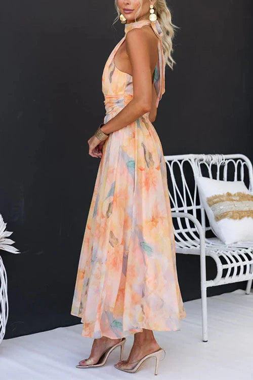 Flowing Watercolor Halter Dress