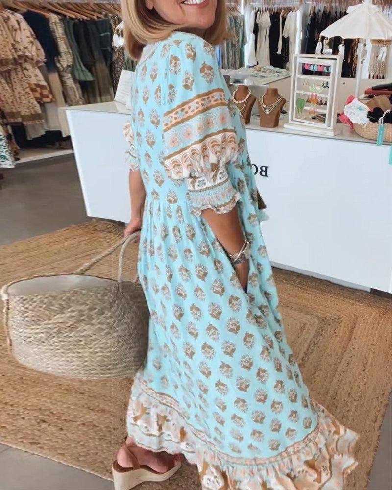 Featherlight Printed V-Neck Dress