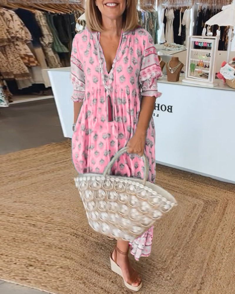 Featherlight Printed V-Neck Dress