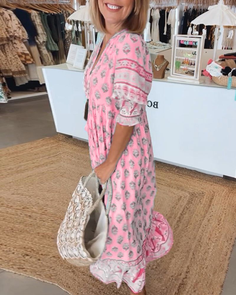 Featherlight Printed V-Neck Dress