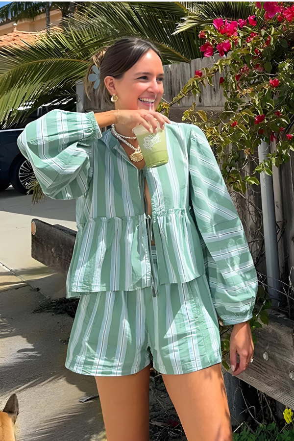 Coastal-Elegance Blouse-Shorts Set