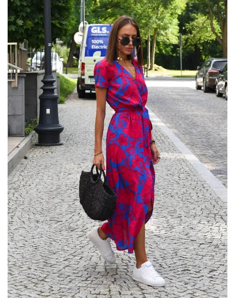 Vibrant V-Neck: Flattering Printed Dress