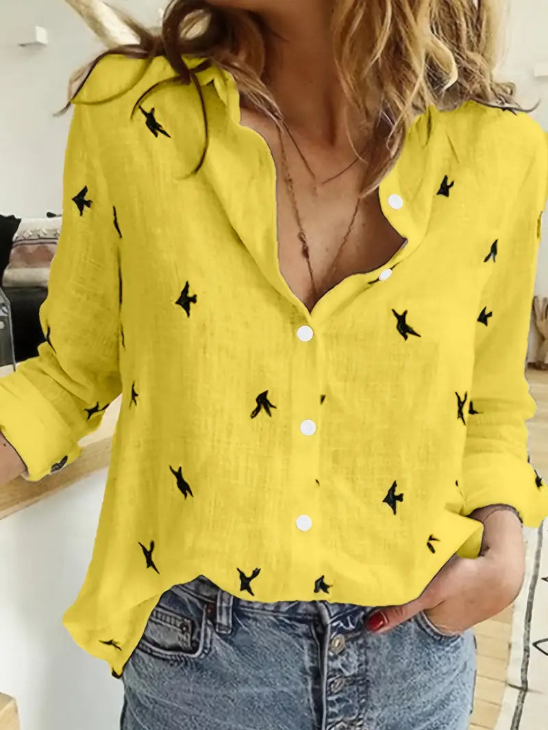 Easy-Care Bird-Print Blouse