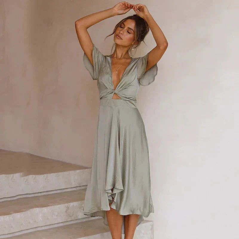 Elegant Flutter-Sleeve Midi Dress