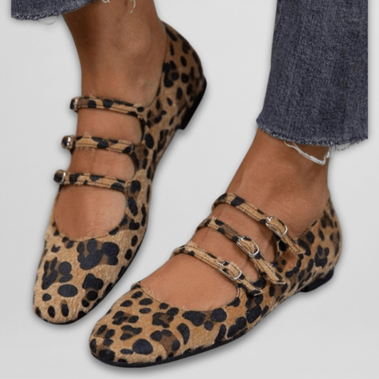 Triple-Strap Animal-Print Ballerinas