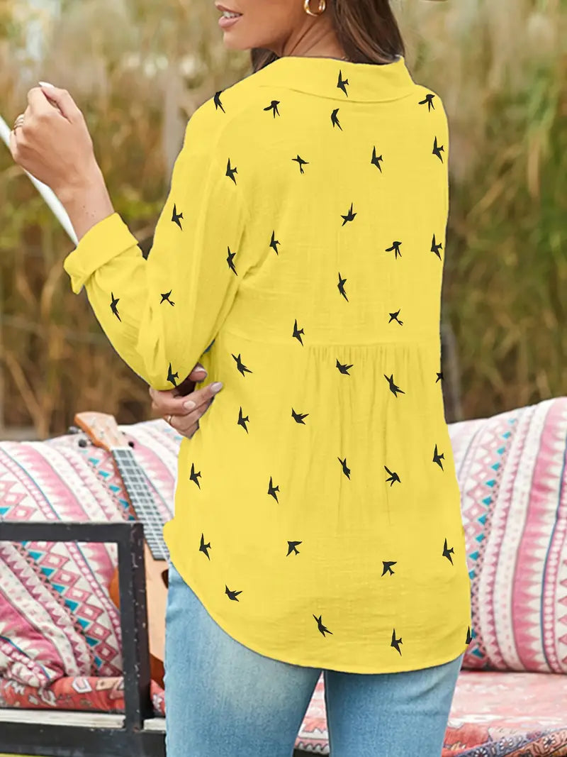 Easy-Care Bird-Print Blouse