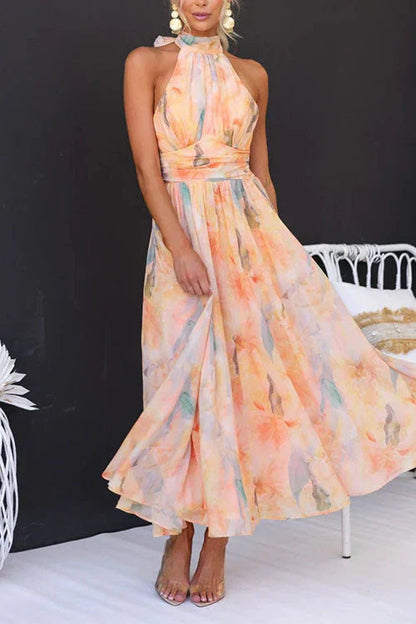 Flowing Watercolor Halter Dress