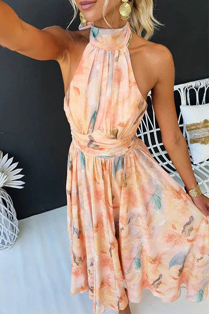 Flowing Watercolor Halter Dress