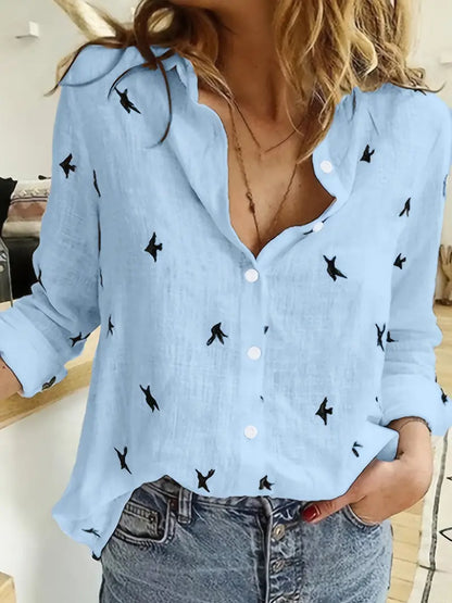 Easy-Care Bird-Print Blouse