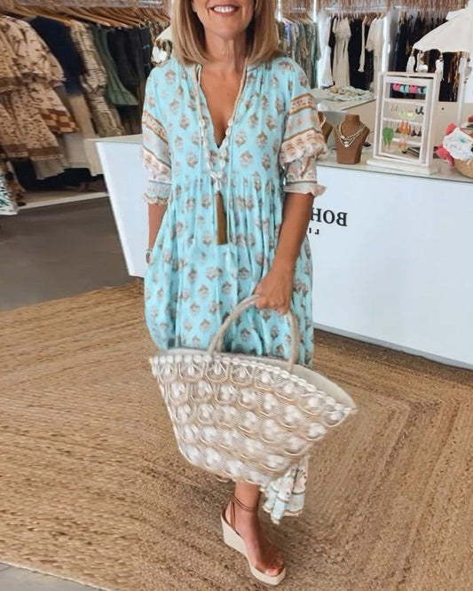 Featherlight Printed V-Neck Dress