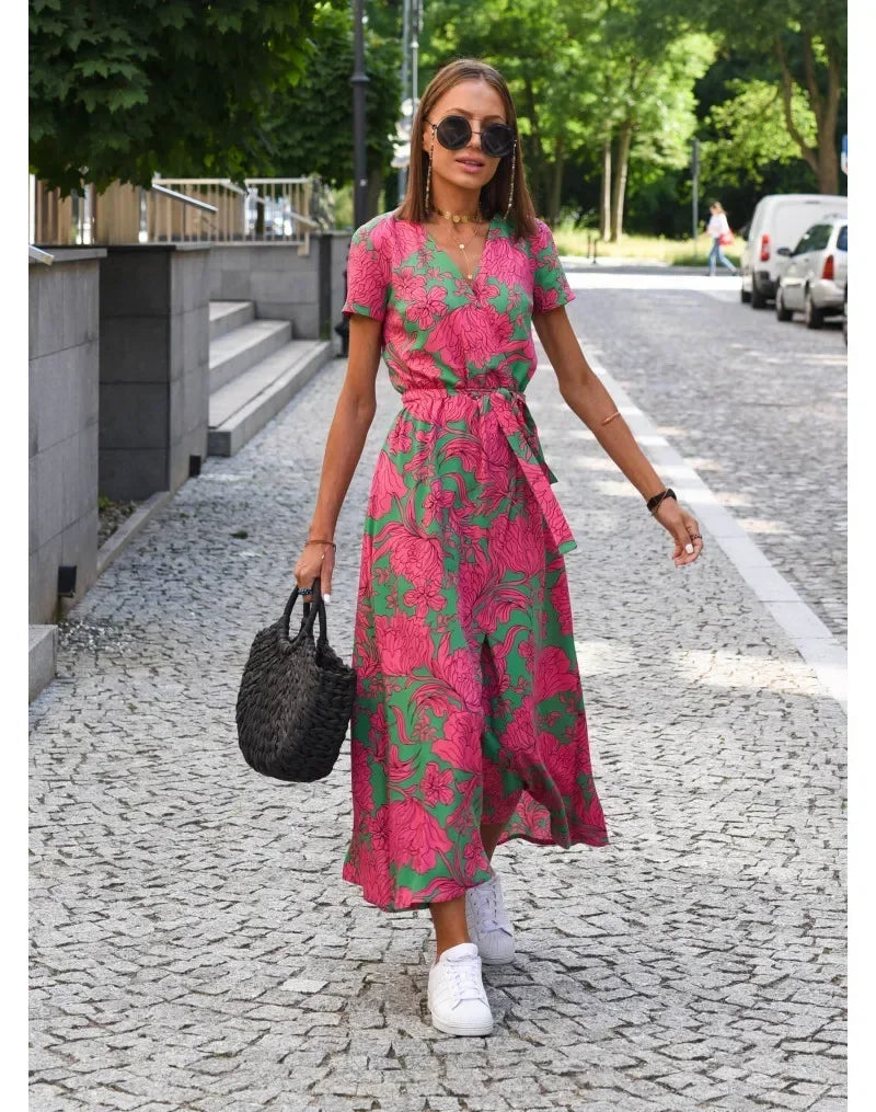 Vibrant V-Neck: Flattering Printed Dress