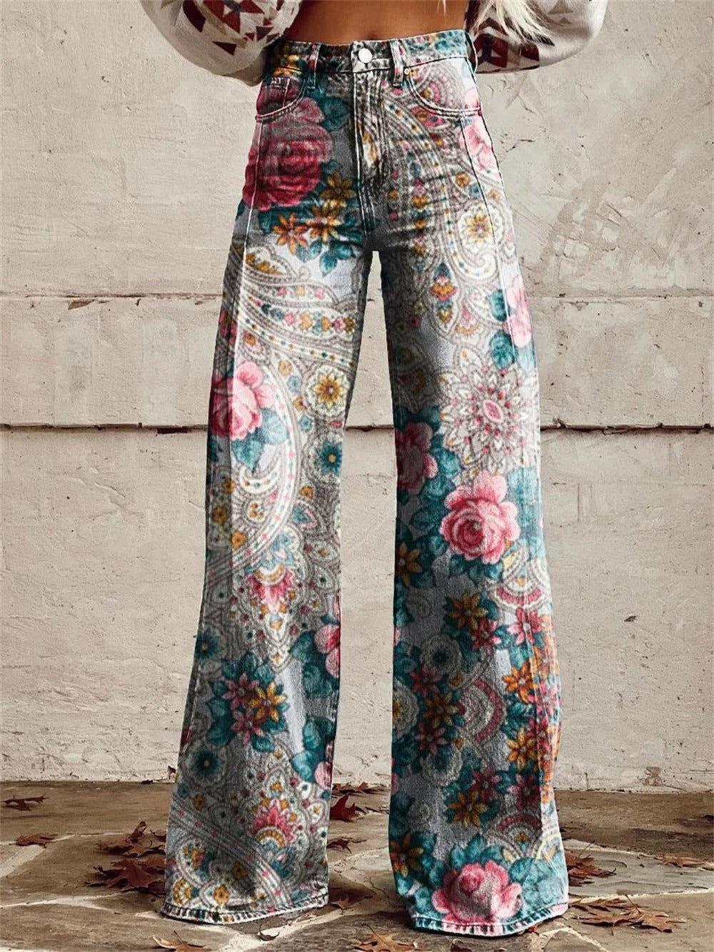 Daisy-Printed Vintage Wide-Leg Trousers