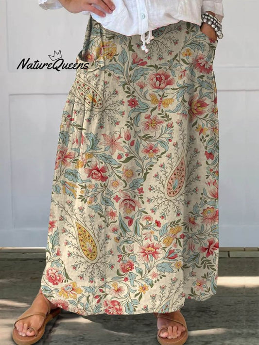 Retro Floral Linen Skirt