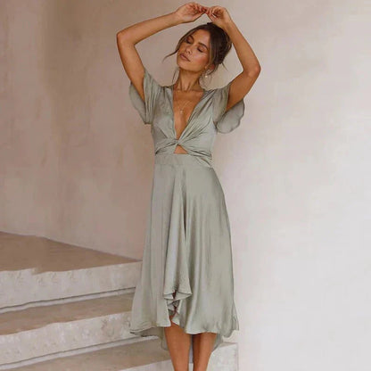 Elegant Flutter-Sleeve Midi Dress